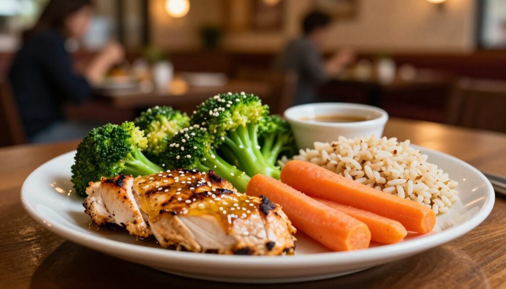 A beautifully arranged Balanced Protein Plate featuring a variety of colorful, healthy foods. In the foreground, a sectioned plate adorned with grilled chicken, fresh broccoli, vibrant carrots, and a scoop of brown rice. The middle ground showcases a subtle glimmer of sesame oil drizzled over the vegetables, highlighting their freshness. In the background, a warm, soft-lit restaurant interior, suggesting a cozy dining environment, with blurred outlines of other patrons enjoying their meals. The lighting is warm and inviting, casting soft shadows that enhance the textures of the food. The mood is healthy yet indulgent, embodying the concept of balanced eating. The composition emphasizes the enticing nature of the meal while maintaining a wholesome aesthetic, intended to inspire viewers toward lighter dining options.