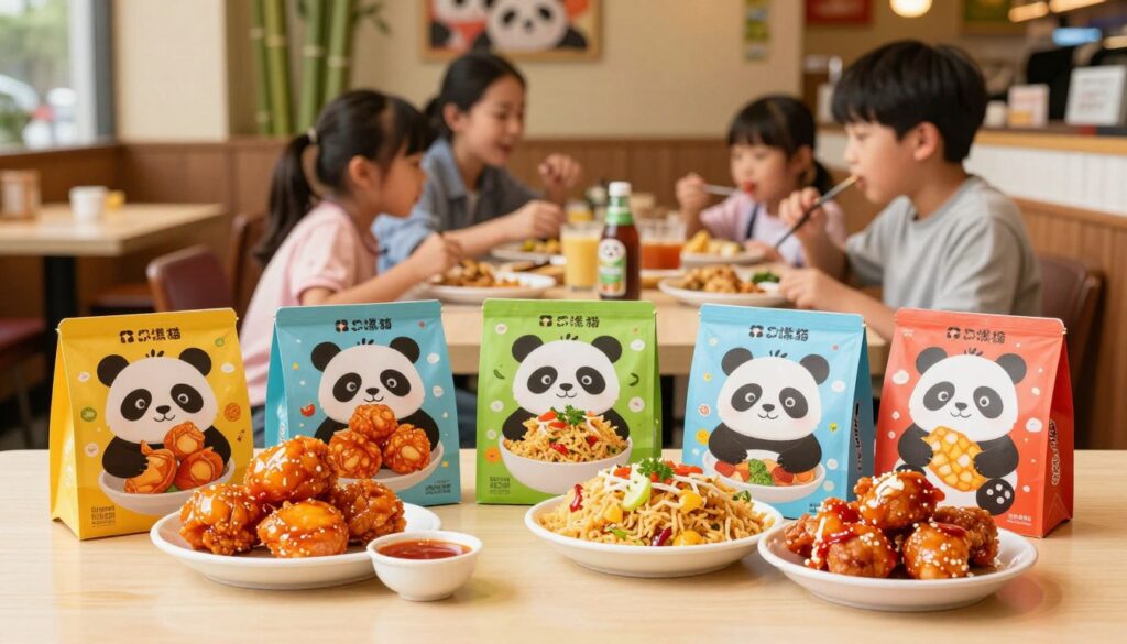 A beautifully arranged and colorful Panda Express kids menu displayed prominently in the foreground, featuring a variety of popular kids meal items like mini orange chicken, fried rice, and sweet and sour chicken with vibrant side options. Each meal is presented in cheerful, kid-friendly packaging. The middle ground showcases a blurred table setting in a bustling Panda Express restaurant, filled with families enjoying their meals. In the background, the welcoming interior of the restaurant, complete with warm lighting and a hint of bamboo decor, creates an inviting atmosphere. The overall mood captures a sense of fun and excitement, appealing to both children and parents, with bright natural lighting reflecting off the menu items to enhance their appetizing appearance.