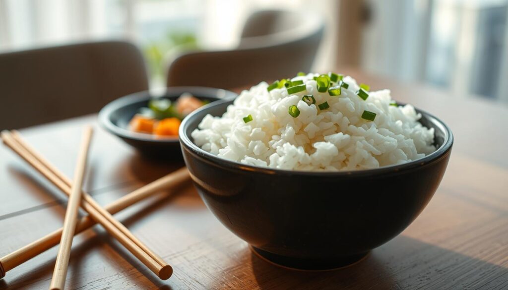 A beautifully arranged bowl of fluffy steamed rice takes center stage, showcasing its soft, white grains glistening with a light sheen from the steam. The rice is artistically garnished with a sprinkle of finely chopped green onions, adding a pop of color. To the left, a pair of elegant bamboo chopsticks rest lightly against the bowl, suggesting an inviting dining experience. In the background, there are blurred hints of a stylish Asian-inspired dining setting, with soft natural lighting casting a warm glow that enhances the peaceful atmosphere. The camera angle is slightly above the bowl, capturing the texture and fullness of the rice while creating a cozy, inviting mood perfect for a casual dining experience. The overall composition radiates simplicity and comfort, emphasizing the dish's appeal and accessibility.