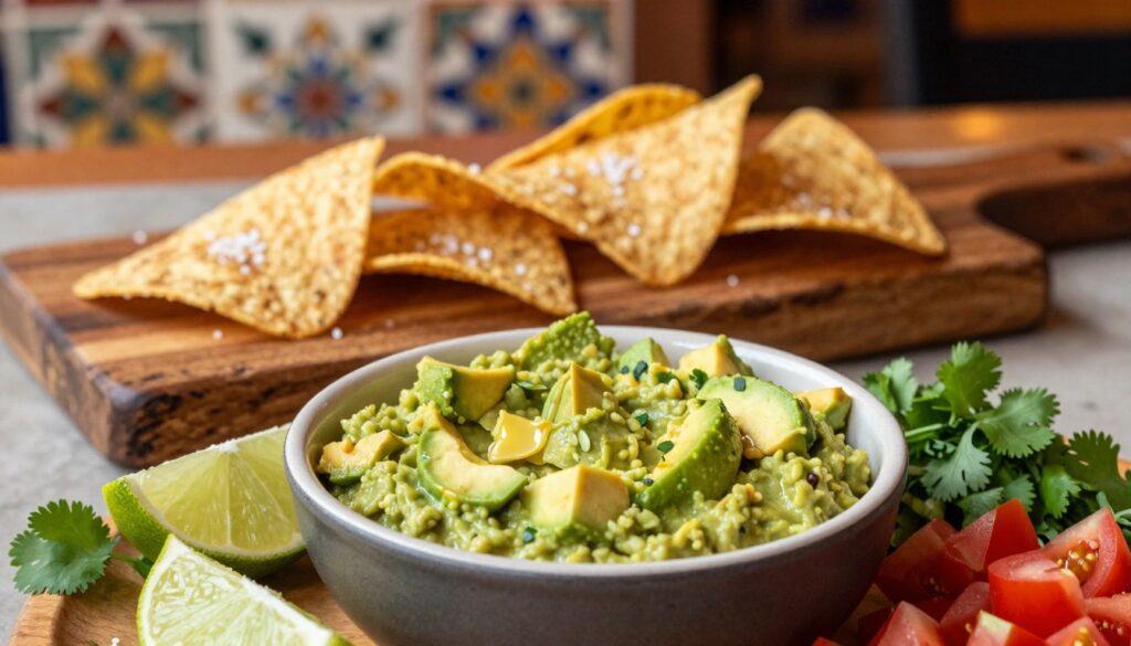 A beautifully arranged bowl of fresh guacamole sits prominently in the foreground, invitingly creamy with vibrant green color and chunky avocado pieces. Surrounding the bowl are fresh lime wedges, chopped cilantro, and a scattering of finely diced tomatoes, adding pops of color. In the middle, a rustic wooden serving board features a variety of crisp tortilla chips dotted with sea salt, creating a perfect pairing. The background softly blurs, suggesting a warm, inviting Mexican restaurant ambiance with decorative tiles and subtle lighting that casts a warm glow. The scene captures a sense of taste and indulgence, showcasing guacamole as the ultimate side that elevates any meal. Soft natural lighting creates a mouthwatering appeal, inviting viewers to indulge in a flavorful experience.