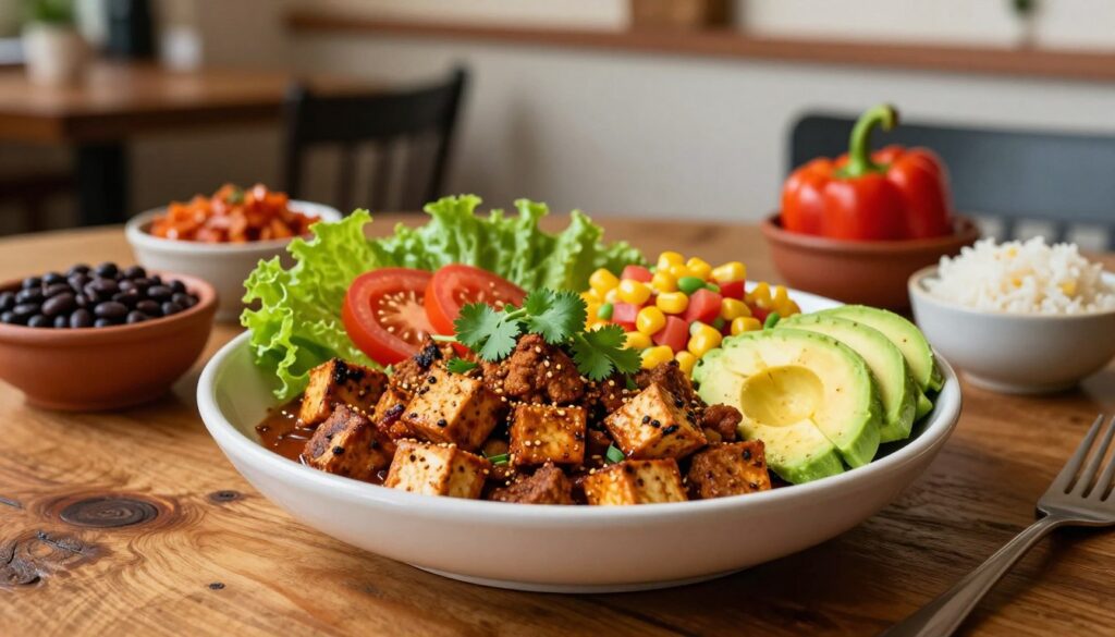 A beautifully arranged bowl of sofritas, showcasing tender, flavorful tofu crumbles marinated in a rich blend of spices and sauce. The sofritas are garnished with vibrant, fresh cilantro and served alongside colorful toppings such as crisp lettuce, diced tomatoes, zesty corn salsa, and creamy avocado slices. In the foreground, a rustic wooden table adds warmth, while a variety of other ingredients like black beans, rice, and colorful peppers are artfully displayed in bowls around the main dish. Soft, natural lighting casts a warm glow, enhancing the appetizing textures of the food. The background features a simple, blurred restaurant interior that evokes a casual dining atmosphere, inviting viewers to imagine enjoying a build-your-own meal with friends.