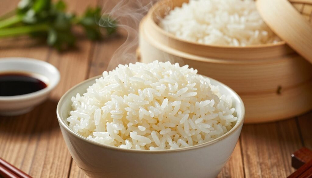 A beautifully arranged bowl of steamed rice, sitting on a rustic wooden table. In the foreground, the rice is fluffy, individual grains glistening from a light steam, showcasing a warm, inviting texture. The middle layer features a delicate bamboo steamer, partially opened, revealing the freshly cooked rice. In the background, soft-focus elements include subtle hints of green herbs and a small dish of soy sauce beside the rice bowl, enhancing the allure of the dish. Soft, natural lighting illuminates the scene, highlighting the rice's pristine white color while casting gentle shadows to enhance depth. The overall mood is warm, inviting, and soothing, perfect for a dining setting.