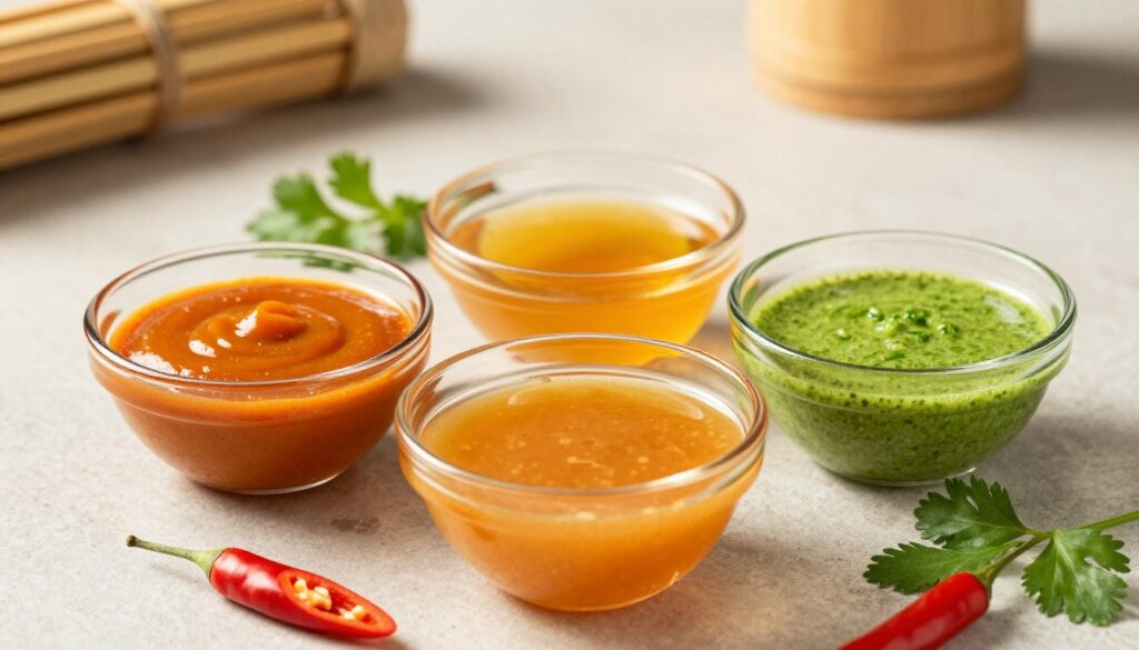 A beautifully arranged display of various gluten-free sauces inspired by the offerings at Panda Express. In the foreground, focus on three elegant glass sauce bowls filled with vibrant colors: a rich orange sweet and sour sauce, a golden honey sesame sauce, and a bright green cilantro dressing. The middle ground features fresh ingredients like sliced chili peppers and herbs, artfully scattered for added texture and color. The background is softly blurred, showcasing a subtle hint of bamboo decor and a neutral-colored table, creating an inviting atmosphere. The lighting is warm and inviting, emphasizing the glistening sauces with a soft shine, captured from a slight overhead angle to highlight the textures and colors. The overall mood is fresh, appetizing, and clean, perfect for showcasing gluten-free culinary options.