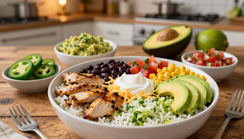 A beautifully arranged homemade burrito bowl featuring vibrant layers of ingredients. In the foreground, a large white bowl filled with fluffy cilantro-lime rice, accompanied by tender grilled chicken, black beans, fresh pico de gallo, sweet corn, sliced avocado, and shredded lettuce. A sprinkle of cheese and a dollop of sour cream enhance the visual appeal. In the middle, various condiments and toppings such as jalapeños, guacamole, and salsa are artfully displayed on a rustic wooden table, inviting the viewer to mix and match. The background holds a softly focused kitchen setting with warm, ambient lighting, showcasing fresh ingredients like avocados and limes, creating a cozy, inviting atmosphere. The angle is slightly overhead to capture the full spread, evoking a sense of warmth and creativity in home cooking.