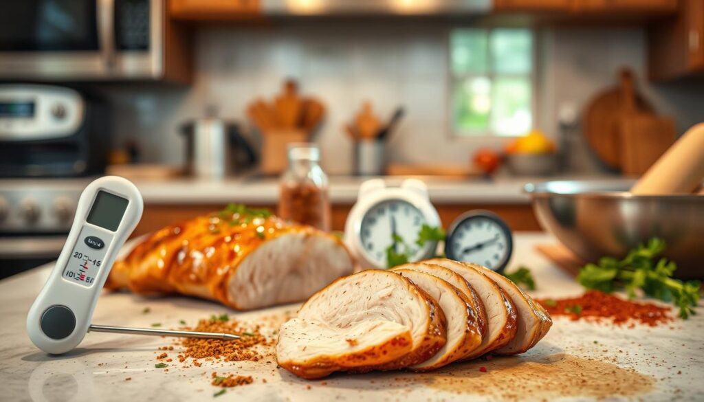 A beautifully arranged kitchen countertop featuring a perfectly cooked Chipotle chicken breast, sliced open to reveal its juicy interior. In the foreground, a digital meat thermometer displays the ideal internal temperature for doneness, with clear markings for different levels of cooking. In the middle, seasonings and fresh herbs are artfully scattered around, along with a small timer indicating the recommended cooking duration. The background features a soft-focus view of kitchen appliances, hinting at a vibrant cooking atmosphere. The lighting is warm and inviting, with natural light coming through a nearby window, creating a cozy vibe. Capture this scene from a slightly elevated angle to emphasize the details and create depth, evoking a sense of culinary warmth and precision.
