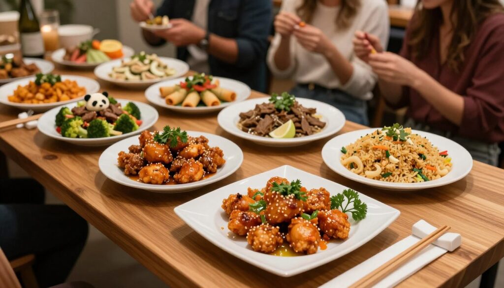 A beautifully arranged party tray featuring a variety of colorful Panda Express dishes, including orange chicken, broccoli beef, fried rice, and spring rolls. In the foreground, the tray is artfully presented, showcasing the vibrant colors of the food, garnished with fresh herbs and chopsticks elegantly placed beside it. The middle ground includes a stylish wooden table that enhances the presentation. Soft, warm lighting bathes the scene, creating a welcoming and festive mood. In the background, blurred silhouettes of cheerful guests enjoying the catering at a vibrant gathering add ambiance without distracting from the food. The composition is captured from a top-down angle, emphasizing the diversity and abundance of the catering menu while maintaining a clean and professional aesthetic.