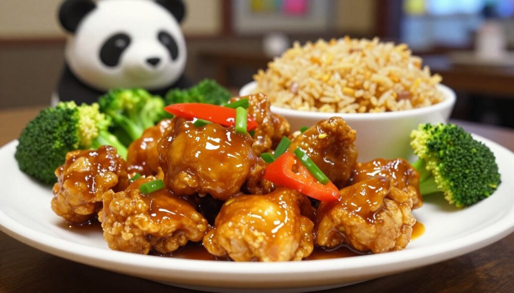 A beautifully arranged plate of Panda Express chicken entrées featuring Orange Chicken, Beijing Beef, and Kung Pao Chicken, garnished with green onions and red bell peppers. The foreground showcases a vibrant, appetizing close-up of the glistening, crispy-coated chicken pieces coated in rich sauces, highlighting the textures and colors. The middle ground includes a bowl of fried rice and a side of steamed broccoli, enhancing the visual appeal. In the background, a softly blurred Panda Express restaurant setting provides context, with warm, ambient lighting that creates an inviting mood. The focus is sharp, emphasizing the delicious details of the food, and the angle should capture the plate from a slightly elevated perspective for an enticing view.