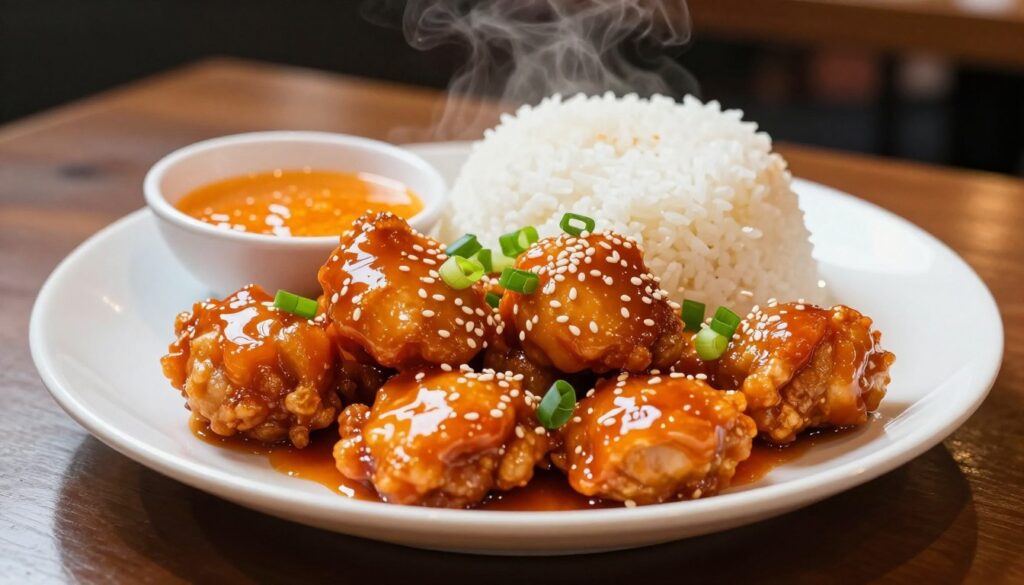 A beautifully arranged plate of orange chicken sits prominently in the foreground, showcasing the glossy, vibrant orange glaze coating tender, crispy chicken pieces. Fresh green onions and sesame seeds are sprinkled on top, enhancing the dish's visual appeal. In the middle, a side of steamed white rice, fluffy and steaming, pairs perfectly with the chicken, along with a small bowl of sweet and tangy orange sauce. The background features a subtle hint of a wooden table and a blurred bistro-style setting, creating a warm and inviting atmosphere. Soft, natural lighting highlights the dish, casting gentle shadows that enhance the textures, while a slight top-down angle captures the intricacy of the plating. The overall mood conveys a sense of delicious indulgence, inviting viewers to savor this popular entrée option.