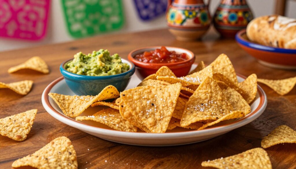 A beautifully arranged platter of crispy tortilla chips, golden brown and perfectly salted, is displayed prominently in the foreground. Some chips are scattered artistically around the edges, while a small, vibrant bowl of fresh guacamole and another with bright red salsa are nestled beside them. In the middle ground, a clean wooden table enhances the rustic feel, reflecting delicate warm lighting that captures the texture of the chips and the dipping sauces. In the background, softly blurred, hints of Mexican decor can be seen, such as colorful papel picado banners and traditional ceramic dishes. The mood is inviting and festive, perfect for a gathering, evoking a sense of anticipation for enjoying delicious food alongside a Chipotle burrito. The shot is taken from an elevated angle to encompass all elements harmoniously.