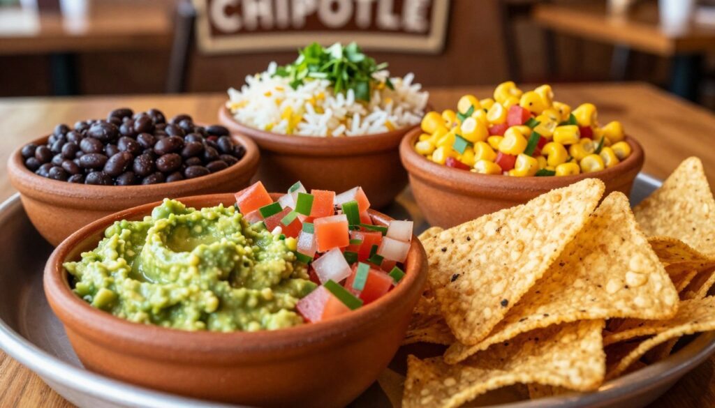 A beautifully arranged platter showcasing a variety of Chipotle "order sides." In the foreground, a vibrant bowl filled with fresh guacamole, colorful pico de gallo, and crisp tortilla chips. The middle ground features a selection of sides including black beans, cilantro-lime rice, and corn salsa, artfully placed in small, rustic containers. The background features a softly blurred Chipotle restaurant setting, with warm lighting enhancing the inviting atmosphere. Focus on the textures and colors of each food item, highlighting the freshness of the ingredients. Captured in a close-up angle with natural light, this image evokes a sense of deliciousness and the excitement of customizing a meal with smart add-ons.