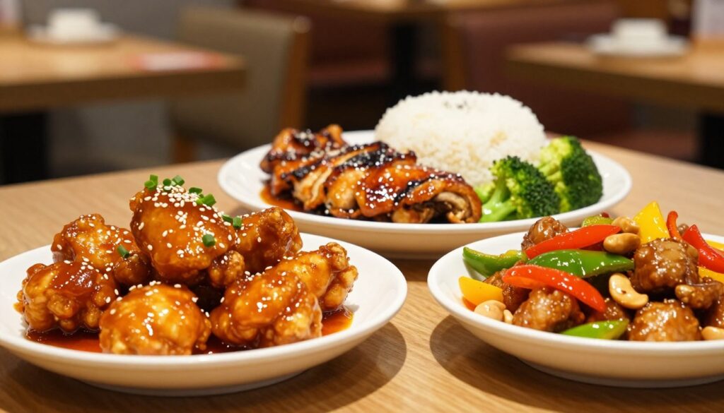 A beautifully arranged table featuring a variety of chicken entrees typical of a Chinese fast-casual restaurant. In the foreground, display vibrant Orange Chicken with its glossy sauce glistening under soft overhead lighting, garnished with sesame seeds and green onions. Beside it, a bowl of Kung Pao Chicken, with colorful bell peppers and peanuts, emanating a rich, savory aroma. In the middle ground, a plate of Teriyaki Chicken, perfectly grilled, with a shiny glaze and served with fluffy white rice and steamed broccoli. The background features a softly blurred restaurant setting, hinting at an inviting atmosphere with warm, ambient lighting. Capture the image from a slightly elevated angle, conveying a cozy dining experience that showcases the deliciousness of the entrees without any text or distractions.