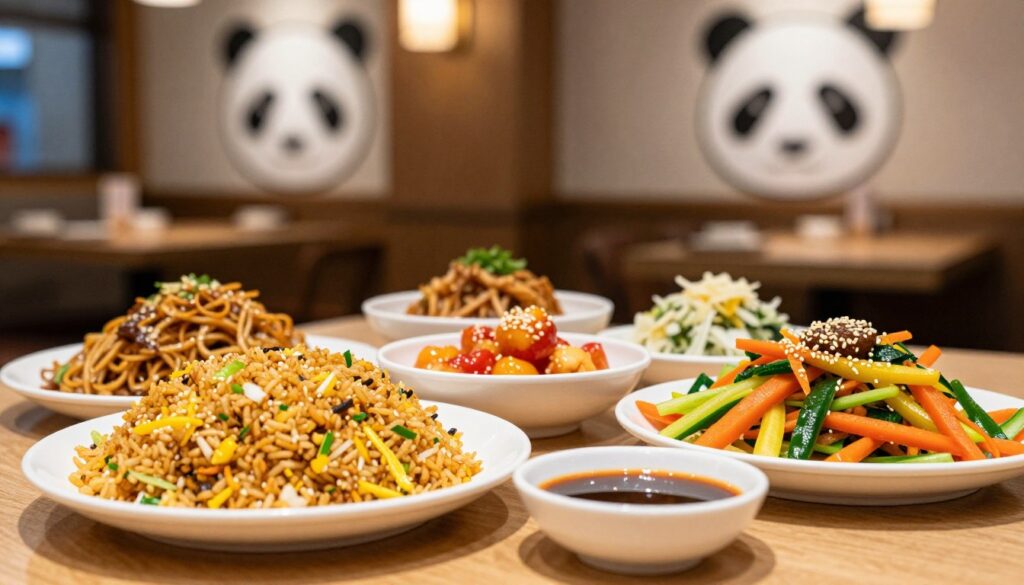 A beautifully arranged table featuring a variety of sides from the Panda Express menu. In the foreground, a vibrant array of classic sides: savory fried rice, crispy chow mein, and colorful mixed vegetables, garnished with sesame seeds. In the middle, display smaller bowls filled with tangy sweet and sour sauce and an assortment of dipping sauces. The background features a softly blurred restaurant setting with warm, ambient lighting, and subtle hints of the Panda Express logo in stylish decor. Capture the inviting atmosphere with a shallow depth of field, using a 50mm lens to emphasize the textures and colors of the food. Aim for a cozy, appetizing mood that showcases the perfect accompaniments to delicious entrees.