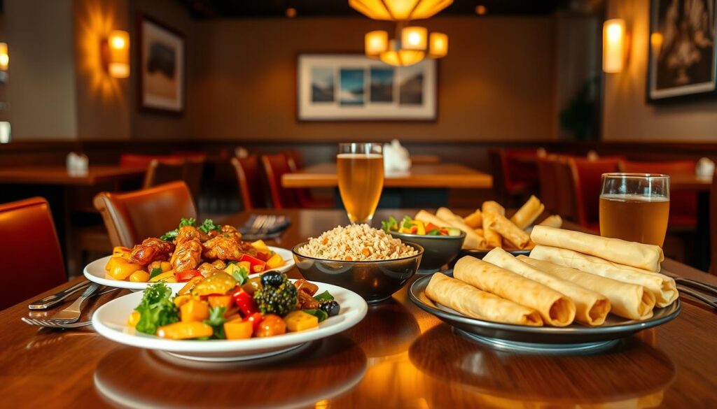 A beautifully arranged table set in a cozy restaurant, showcasing a selection of vibrant, appetizing meals that qualify under the Restaurant Meals Program. In the foreground, a steaming plate of orange chicken with colorful vegetables, a bowl of fried rice, and an assortment of fresh spring rolls glisten under warm, inviting lighting. The middle ground features silverware elegantly placed beside the dishes, and a glass of refreshing iced tea. The background includes tasteful restaurant decor — soft lighting fixtures and minimalist artwork on the walls, enhancing the inviting atmosphere. The scene is viewed from a slightly elevated angle, creating a warm and welcoming mood, perfect for illustrating the concept of accessible dining options. The image is devoid of any text or watermarks.