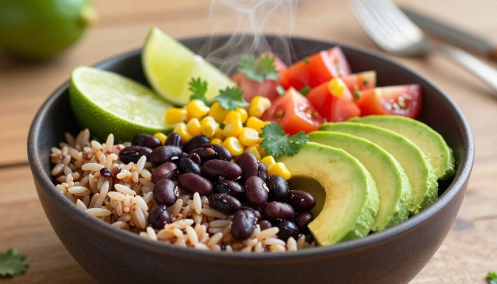 A beautifully arranged vegan bowl filled with a colorful assortment of ingredients that represent a healthy, filling meal. Foreground: a deep, rustic bowl brimming with brown rice, vibrant black beans, and fresh avocado slices. Middle ground: a variety of toppings including diced tomatoes, corn, cilantro, and lime wedges, artfully scattered, with steam rising from the warm ingredients. Background: a subtle wooden table surface, giving a cozy, natural vibe, with soft, natural light illuminating the bowl, enhancing the fresh colors and textures. The atmosphere is inviting and health-focused, perfect for showcasing a vibrant, plant-based lifestyle.