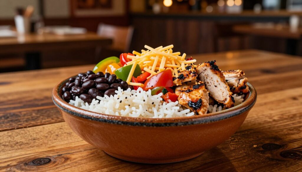 A beautifully crafted ceramic bowl sits prominently in the foreground, showcasing a vibrant mix of fresh ingredients typically found in a Chipotle Mexican Grill dish. The bowl is filled with fluffy white rice, black beans, grilled chicken, colorful bell peppers, and a sprinkle of shredded cheese, all artfully arranged to highlight the textures and colors of the food. The middle ground features a rustic wooden table, enhancing the natural aesthetic of the meal. In the softly blurred background, there are hints of a Chipotle restaurant environment, with warm lighting that evokes a welcoming, casual atmosphere. The overall mood is inviting and appetizing, designed to draw the viewer in and tempt them with the delicious offerings. The image is captured from a slightly elevated angle, lending depth and focus to the bowl.