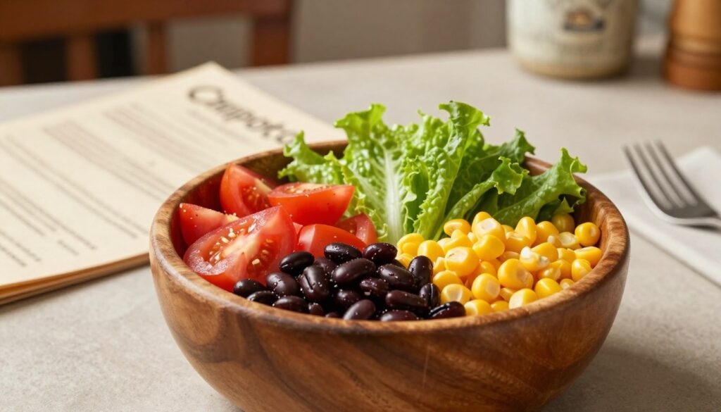 A beautifully crafted wooden bowl filled with vibrant, fresh ingredients suitable for a gluten-free meal. The bowl is centered in the foreground, brimming with colorful vegetables like diced tomatoes, crisp lettuce, black beans, and corn. The textures of the ingredients pop under natural, warm lighting that creates a welcoming atmosphere. In the middle ground, soft-focus elements like an open Chipotle menu and a light-colored table setting suggest a casual dining experience. The background features a subtle hint of a rustic kitchen, adding depth without distracting from the main subject. Capture this scene from a slightly elevated angle to showcase the colorful contents and evoke a sense of appetizing freshness and health.