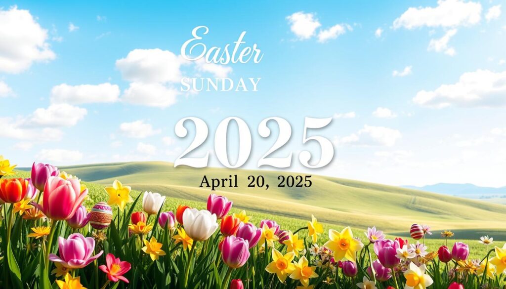 A beautifully designed calendar page prominently displaying "Easter 2025" with an elegant, floral theme. In the foreground, vibrant spring flowers bloom, such as tulips and daffodils, creating a cheerful backdrop. The middle layer features the date "Easter Sunday, April 20, 2025" artistically highlighted with soft, pastel colors, surrounded by subtle Easter motifs like decorated eggs and bunnies. In the background, a serene spring landscape with gentle hills under a bright blue sky, dappled with fluffy white clouds, conveys a sense of tranquility and renewal. The scene is illuminated with soft, natural light, giving it a warm and inviting feel, evoking the joy and significance of the holiday.