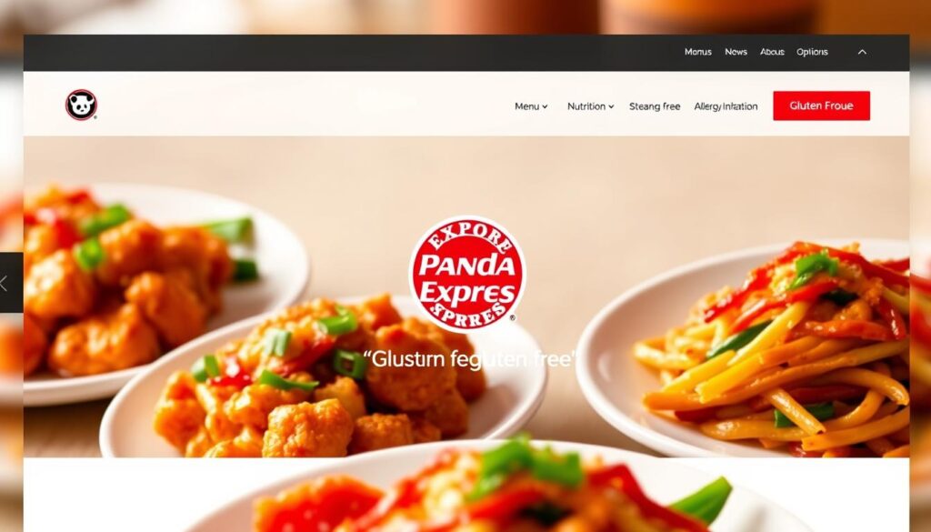 A beautifully designed webpage for Panda Express, showcasing a clean and modern layout. The foreground features a large, appetizing image of gluten-free dishes like orange chicken and steamed vegetables, plated elegantly. In the middle, the Panda Express logo is prominently displayed, alongside a user-friendly navigation bar with sections like "Menu," "Nutrition," and "Allergy Information." The background is a subtle gradient, echoing the brand's color palette, with soft lighting creating a warm atmosphere. The image is captured from a slight angle to add depth, with a focus on inviting and appetizing elements that reflect the theme of exploring gluten-free options. This illustration conveys a sense of professionalism and friendliness, suitable for a resourceful and informative context.