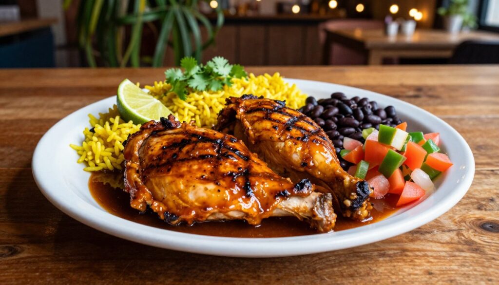 A beautifully plated dish of Chipotle Honey Chicken takes center stage, showcasing succulent, glazed pieces of grilled chicken marinated in a rich chipotle honey sauce. The chicken glistens under soft, warm lighting, highlighting its caramelized edges and juicy texture. Surrounding the chicken are vibrant sides of cilantro-lime rice, black beans, and colorful pico de gallo, arranged thoughtfully on a rustic wooden table. In the background, blurred hints of a cozy restaurant setting with hanging plants and ambient string lights create a warm and inviting atmosphere. The composition captures the tantalizing essence of the dish, emphasizing freshness and flavor, suitable for culinary enthusiasts. Shot from a slightly elevated angle to best showcase the vibrant colors and details, with a focus on texture and presentation.