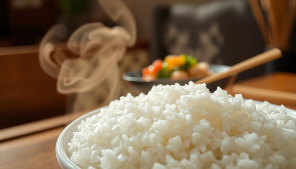 A beautifully presented bowl of fluffy steamed rice fills the foreground, the grains glistening with moisture and steam gently rising, illuminated by soft, natural light. The rice is snowy white, lightly textured, and perfectly cooked, sitting atop a traditional wooden table with a warm, rustic feel. In the middle ground, there are hints of colorful stir-fried vegetables and a pair of wooden chopsticks resting beside the bowl, suggesting a delicious meal. The background softly blurs, hinting at a cozy restaurant ambiance with subtle, earthy tones and blurred outlines of bamboo accents. The mood is inviting and appetizing, perfect for showcasing a gluten-free menu option. The angle captures the dish from a slightly elevated perspective to create depth and highlight the appealing textures of the rice.