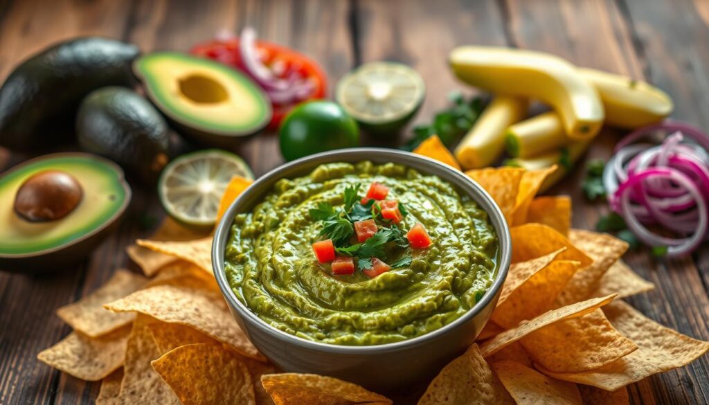 A beautifully presented bowl of guacamole takes center stage in the foreground, showcasing its rich green color and creamy texture, topped with a sprinkle of diced tomatoes and chopped cilantro. Surrounding the bowl, crispy corn tortilla chips are elegantly arranged, inviting the viewer to indulge. In the middle ground, a vibrant array of fresh ingredients like ripe avocados, juicy limes, and red onions are artfully displayed, enhancing the freshness of the scene. The background features a rustic wooden table, with soft, natural lighting cascading from the side to create a warm, inviting atmosphere. The angle is slightly overhead, providing a clear view of the guacamole and its delightful accompaniments. The overall mood is cheerful and festive, resonating with the joy of celebrating special moments like birthdays.