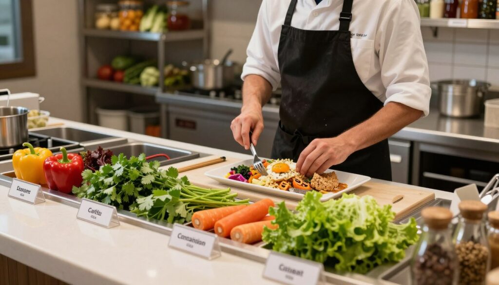 A clean, modern restaurant kitchen scene focusing on food safety practices to illustrate cross-contamination risks. In the foreground, a countertop with colorful fresh ingredients like peppers, cilantro, and lettuce, separated into distinct areas with clear labels to show proper food handling. In the middle, a staff member in a professional apron is using separate utensils to prepare two different meal options, visibly cautious not to mix gluten-free items with others. The background features organized shelves with stored ingredients and clear separation markers. Soft, warm lighting highlights the freshness of the ingredients while creating a welcoming atmosphere. The angle is slightly elevated, giving a comprehensive view of the kitchen setup.