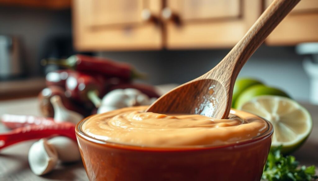 A close-up composition of a vibrant bowl of homemade chipotle mayo, showcasing its creamy texture and a rich, reddish-brown color. In the foreground, a wooden spoon is gently dipped into the bowl, capturing the shine of the mayo. The middle ground features fresh ingredients such as chipotle peppers, garlic cloves, and lime halves artfully arranged around the bowl. Soft, natural lighting illuminates the scene, casting a warm glow that enhances the freshness of the ingredients. The background is a rustic kitchen setting with blurred wooden cabinets, creating an inviting and cozy atmosphere. The overall mood is casual and inviting, making it feel like a perfect moment for cooking at home.