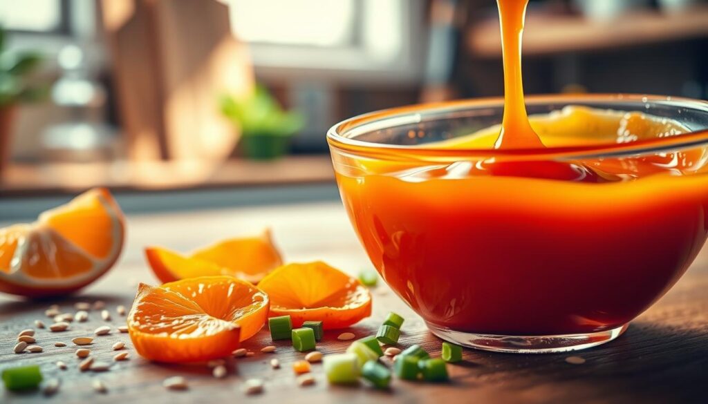 A close-up of a rich, glossy orange sauce in an elegant glass bowl, showcasing its vibrant hue with a slight sheen. The sauce is drizzled artfully, accentuating its thickness and texture, with droplets glistening. In the foreground, fresh ingredients are strategically placed: zesty orange peels, scattered sesame seeds, and a hint of chopped green onions, providing a pop of color. The middle ground features a soft-focus background of a wooden kitchen counter with a hint of cooking utensils, creating a warm and inviting atmosphere. Natural sunlight streams in from a nearby window, casting soft shadows and highlighting the sauce’s richness. The overall mood is appetizing and vibrant, ideal for a culinary exploration of flavors.