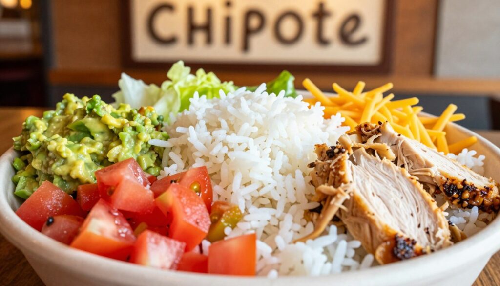 A close-up of a vibrant Chipotle bowl filled with extra rice, showcasing fluffy white rice generously piled in the center. Surround the rice with colorful ingredients like fresh guacamole, diced tomatoes, crisp lettuce, shredded cheese, and tender pulled chicken, all artistically arranged. In the background, softly blurred, hint at an authentic Chipotle restaurant setting with warm wooden accents and friendly ambiance. Use warm, natural lighting to evoke a welcoming atmosphere, with a slightly overhead angle to emphasize the abundance of rice and ingredients. The image should be appetizing and visually enticing, reflecting the theme of customization and value in a Chipotle meal. No text or watermarks.
