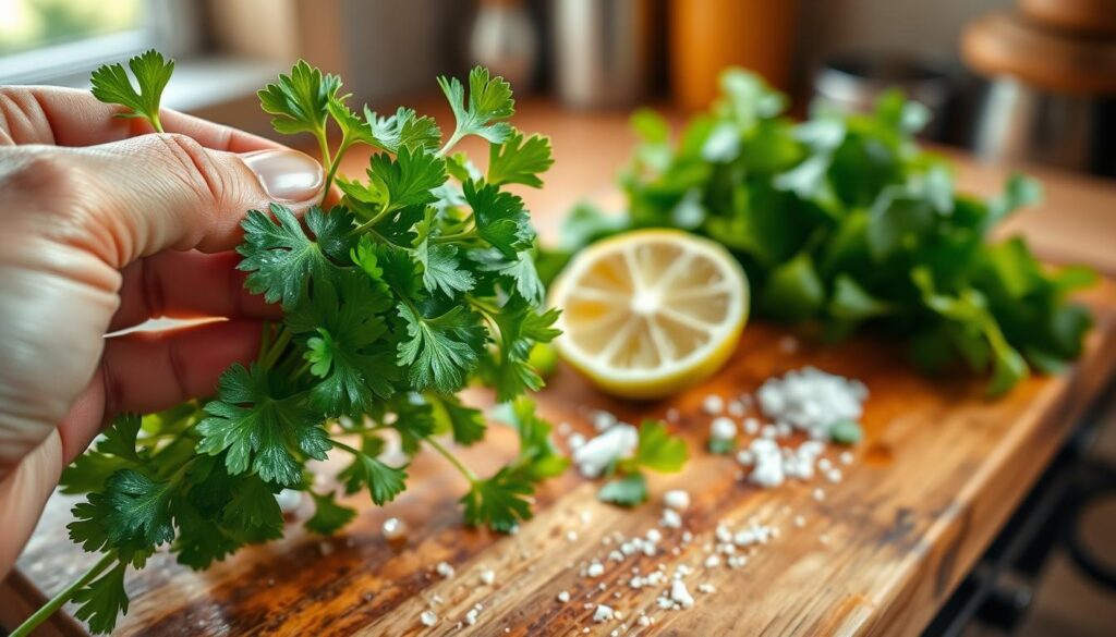 A close-up of vibrant cilantro leaves, freshly washed and glistening with dew, set against a rustic wooden chopping board. In the foreground, a hand gently plucks a sprig of cilantro to illustrate its freshness and aroma. The middle ground features an array of complementary ingredients, such as a halved lime and a sprinkle of coarse sea salt, enhancing the focus on the cilantro. The background is softly blurred, revealing a warm kitchen setting with natural light filtering through a window, creating a cozy atmosphere. The image should capture the essence of fresh ingredients, ideal for preparing Cilantro Lime Rice, with a shallow depth of field to emphasize the details of the cilantro.