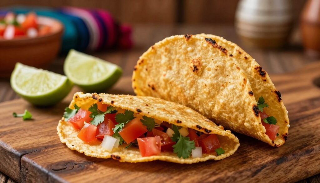 A close-up shot of two traditional corn tortillas stacked on a rustic wooden table, showcasing their rich golden-brown color and slightly charred edges. In the foreground, one tortilla is partially open, revealing a colorful filling of fresh ingredients like diced tomatoes, onions, and cilantro. In the middle ground, a variety of garnishes such as lime wedges and salsa accompany the tortillas, enhancing the appetizing scene. The background features a softly blurred out Mexican-themed decor, with warm, inviting lighting that casts gentle shadows, creating a cozy, authentic atmosphere. The image should present a vibrant and enticing depiction of corn tortillas, emphasizing their texture and cultural significance in Mexican cuisine.