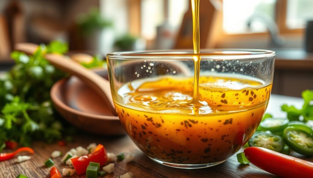 A close-up view of a glass bowl filled with a vibrant, homemade Chipotle vinaigrette, showcasing its rich texture and glossy appearance. In the foreground, drizzling golden olive oil blends with dark, smoky chipotle and fresh herbs, surrounded by colorful ingredients like chopped cilantro and diced jalapeños. In the middle, a sleek wooden spoon rests beside the bowl, hinting at preparation, while rustic kitchen utensils are subtly arranged. The background features a softly blurred kitchen environment bathed in warm, natural light, creating an inviting atmosphere. Use a shallow depth of field to enhance focus on the vinaigrette, emphasizing its luxurious sheen and vibrant colors, evoking a sense of freshness and flavor in a cozy culinary setting.
