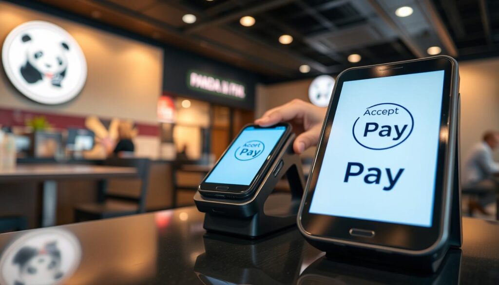 A close-up view of a modern restaurant payment terminal displaying the "Accept Apple Pay" logo prominently on its screen. The foreground features the terminal on a sleek black countertop with a clean, polished appearance. In the middle ground, a hand in smart casual attire is tapping an iPhone against the terminal to make a payment, showcasing the convenience of contactless transactions. The background reveals a Panda Express restaurant, with its characteristic branding colors and an inviting entrance, slightly blurred to keep the focus on the payment process. Soft, warm lighting creates an atmosphere of accessibility and modernity, capturing a professional yet relaxed dining experience. The angle is slightly tilted from above, emphasizing the interaction between the device and the customer while maintaining a clean and uncluttered composition.