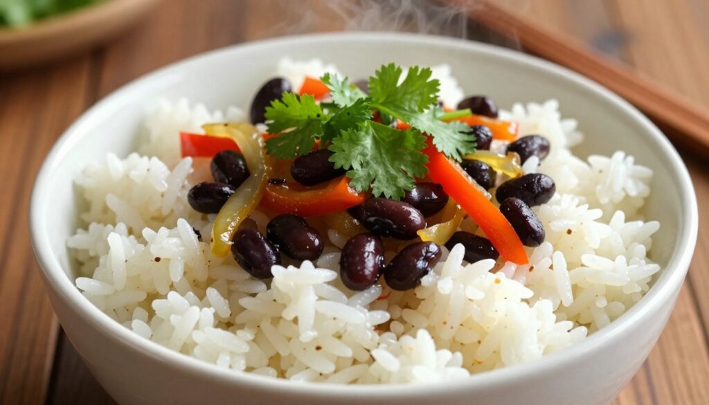 A close-up view of a vibrant bowl of fluffy white rice, perfectly cooked, steaming and slightly glossy, sits at the forefront. Surrounding the rice, colorful ingredients like black beans, sautéed fajita vegetables (bell peppers and onions), and a handful of fresh cilantro add a lively contrast. Gentle lighting casts a warm glow over the bowl, enhancing the fresh, appetizing appeal of the ingredients. In the background, a rustic wooden table adds texture, creating a homely atmosphere. The angle is slightly elevated, providing a clear view of the bowl’s contents. The overall mood is inviting and appetizing, perfect for showcasing a delicious meal option.