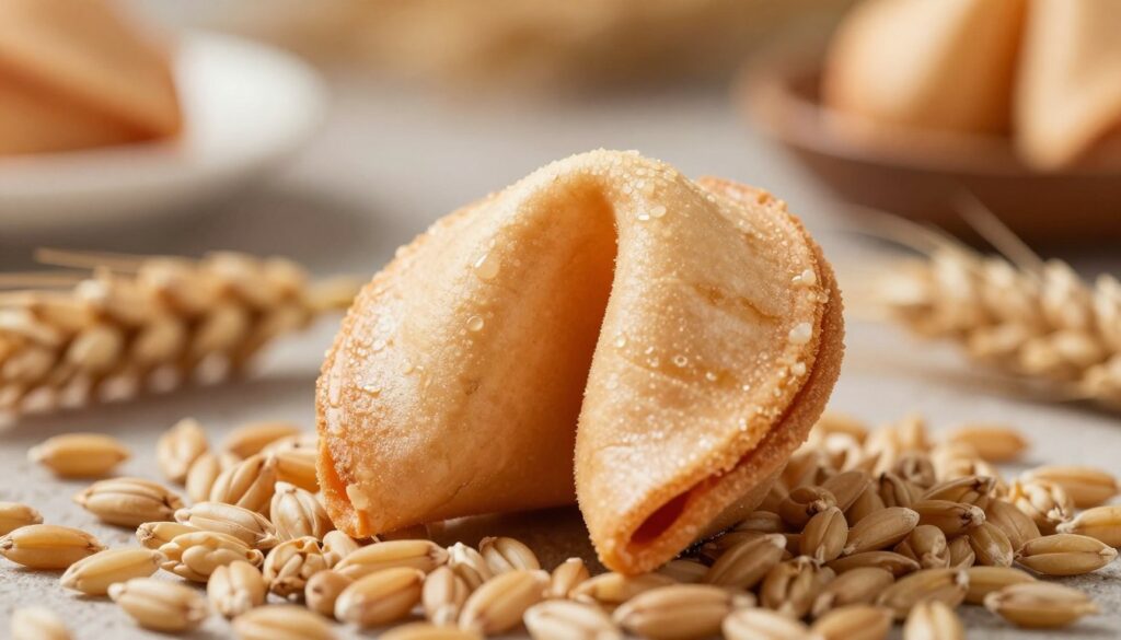 A close-up view of an elegantly opened fortune cookie, its crisp exterior glistening under soft, diffused lighting that enhances the delicate texture. The cookie is set against a backdrop of scattered wheat grains to symbolize gluten, arranged with care to draw attention to its hidden presence. In the background, blurred elements of a casual dining atmosphere subtly suggest a restaurant setting, with warm hues creating an inviting mood. A shallow depth of field should focus on the cookie and the wheat, emphasizing their contrast. The overall atmosphere is light and whimsical, merging the themes of dessert surprises and the unexpected presence of wheat. No text or extraneous elements are included, allowing the image to stand alone as a visual representation of the subject.