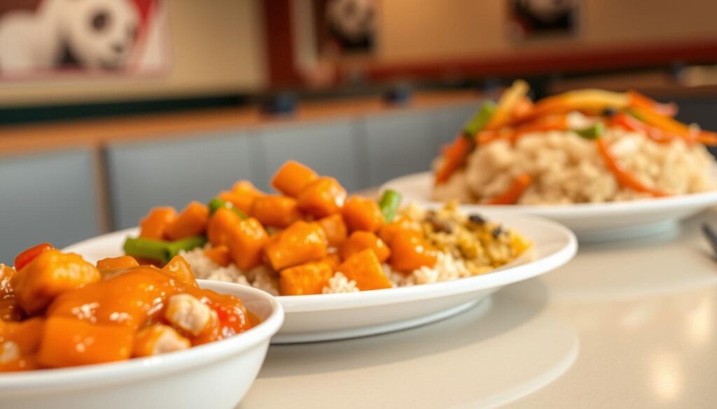 A close-up view of three distinct serving options from a Panda Express meal: a bowl, a plate, and a larger plate, each filled with colorful, appetizing Chinese-American dishes like orange chicken, fried rice, and mixed vegetables. In the foreground, the bowl showcases vibrant orange sauce on tender chicken, presented attractively with chopsticks resting beside it. The middle area features the standard plate, displaying a balanced portion with a variety of textures and colors, while the larger plate in the background overflows slightly with a mix of items, emphasizing a hearty meal. Soft, warm lighting highlights the dishes, creating an inviting atmosphere. The background is a gently blurred restaurant setting, enhancing focus on the food without distractions, providing a clean and appetizing visual narrative.