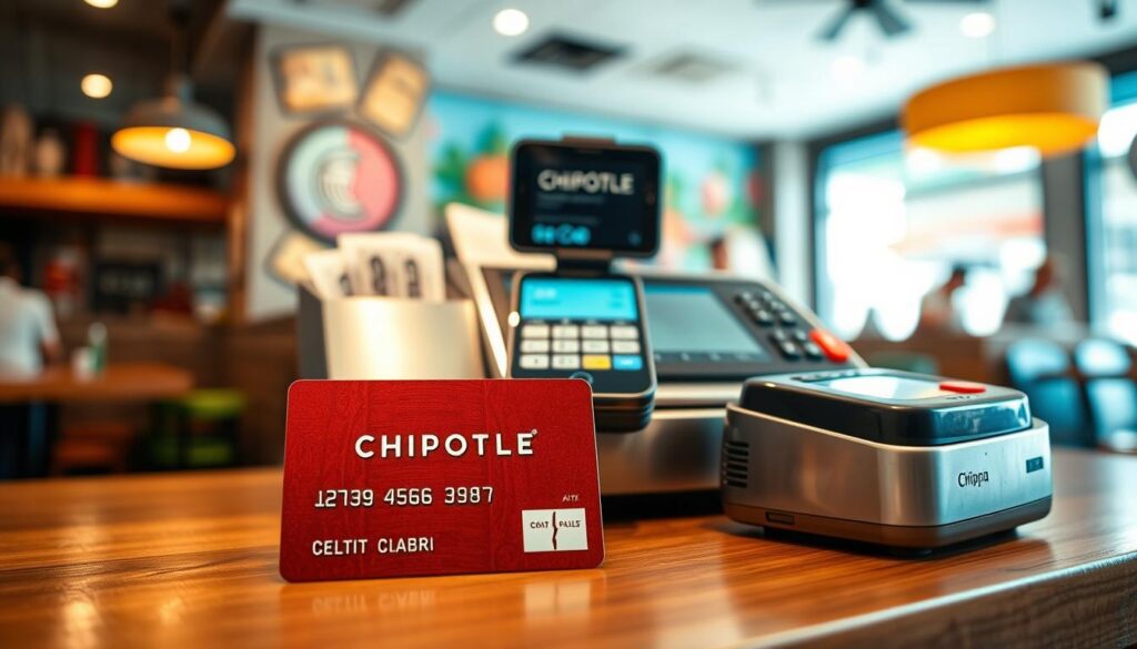 A close-up view of various payment methods commonly accepted at Chipotle, arranged aesthetically on a wooden countertop. In the foreground, highlight a shiny credit card with the Chipotle logo, alongside a mobile phone displaying a digital wallet app interface. In the middle, include a stainless steel cash register, partially open with a few banknotes, and a contactless payment terminal. In the background, create a soft-focus scene of a vibrant Chipotle restaurant interior, showcasing colorful decor and a welcoming atmosphere. Use warm, inviting lighting to evoke a friendly mood, ensuring no text or overlays are present. Capture the image with a shallow depth of field to emphasize the payment options while maintaining an engaging contextual backdrop.