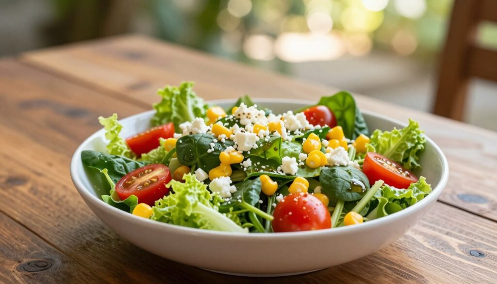 A colorful and fresh salad bowl, prominently displayed in the foreground, filled with a mix of vibrant greens such as romaine and spinach, cherry tomatoes, diced bell peppers, and corn. The salad is topped with a sprinkle of feta cheese and a light drizzle of vinaigrette, glistening under soft, natural lighting that enhances the colors and textures. In the middle ground, a contrasting rustic wooden table adds warmth, complemented by a blurred background showing a serene outdoor setting with soft sunlight filtering through leaves, creating a tranquil, inviting atmosphere. The camera angle is slightly elevated, providing a dynamic view that captures the freshness and healthiness of the salad, perfect for a culinary exploration.