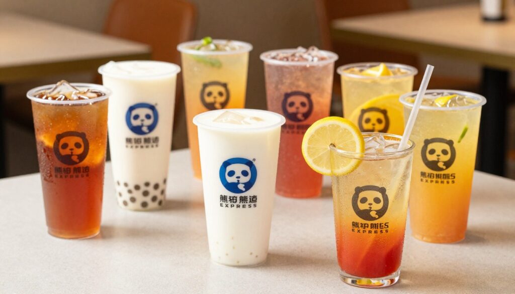 A colorful and visually appealing flat lay of a selection of drinks from Panda Express, featuring a variety of beverages including refreshing iced teas, soft drinks, and fruit juices. In the foreground, showcase a vibrant drink with condensation beads on the glass, garnished with a lemon slice and a straw. In the middle, arrange additional drinks elegantly in assorted cups, capturing the distinctive branding of Panda Express. The background includes a softly blurred, warm-toned restaurant setting, hinting at a casual dining atmosphere. Use natural lighting to create a welcoming ambiance, emphasizing the colors of the drinks. Capture the scene from a slightly elevated angle for a comprehensive view. The overall mood should convey freshness and satisfaction, enticing viewers to consider ordering drinks for pickup or delivery.