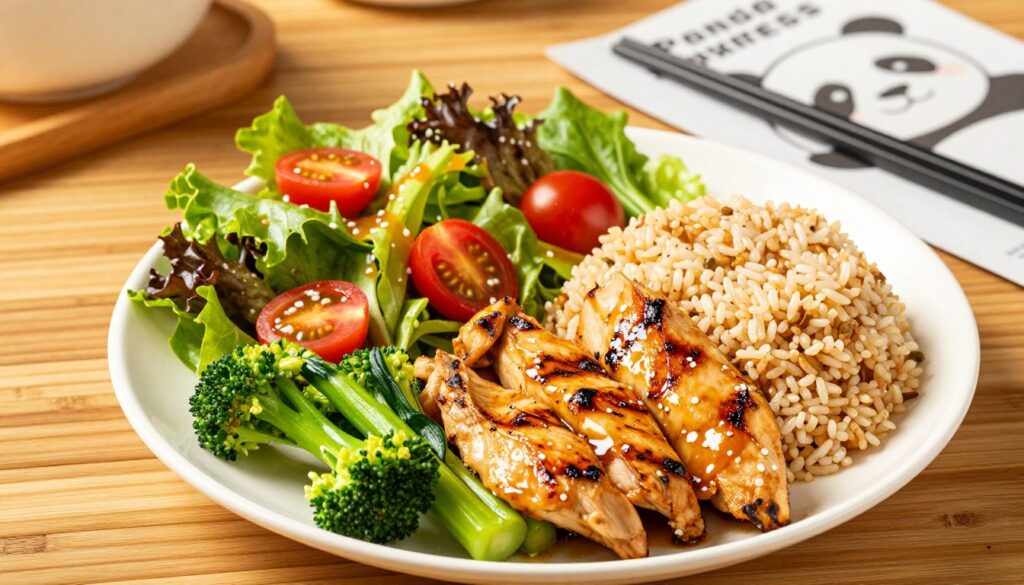 A colorful, vibrant overhead view of a healthy meal selection featuring Panda Express Wok Smart options. In the foreground, a beautifully arranged plate showcases grilled chicken with vibrant steamed vegetables and brown rice, glistening with a light sauce. The middle ground includes a fresh salad with mixed greens, cherry tomatoes, and a light vinaigrette, adding a burst of color. In the background, a bamboo table setting with chopsticks and a Panda Express menu in a subtle blur, enhancing the focus on the food. Soft, warm lighting creates an inviting atmosphere, emphasizing the freshness and healthiness of the dishes. The image captures a balanced and nutritious selection, perfect for those seeking lighter options.