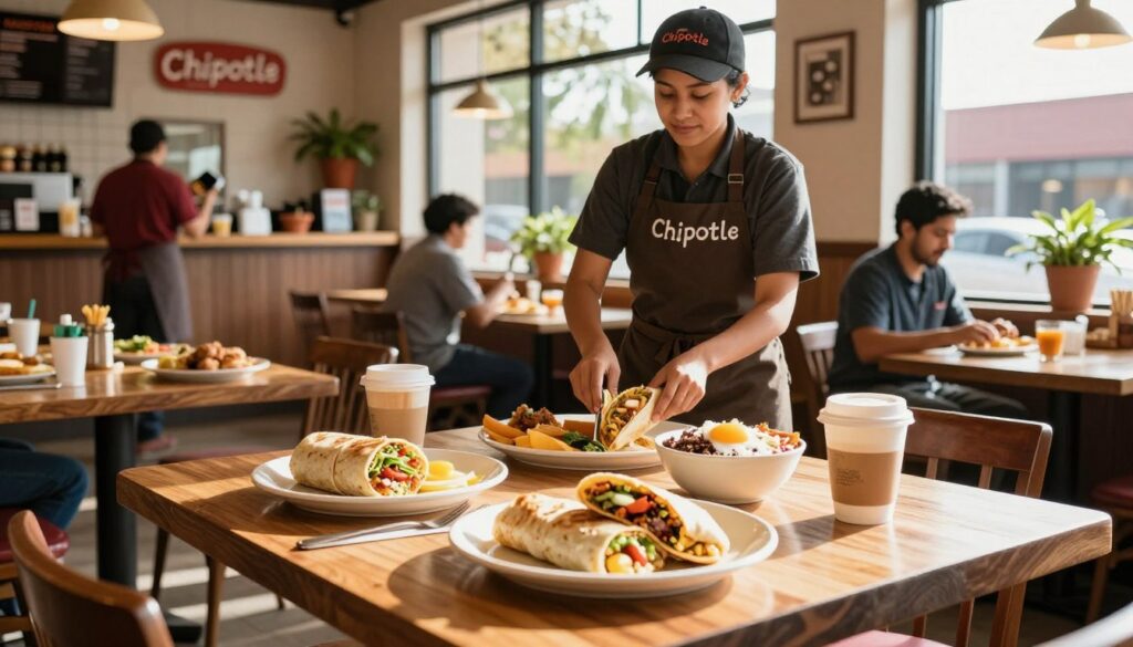 A cozy Chipotle restaurant interior during breakfast hours, illuminated by warm morning light streaming through large windows. In the foreground, a wooden table is set with a colorful spread of Chipotle breakfast items such as burritos, bowls, and coffee. In the middle ground, a friendly, diverse staff member in a Chipotle uniform prepares food, showcasing the bustling morning activity. The background features the vibrant decor of the restaurant, including potted plants and Chipotle branding. The atmosphere is inviting and energetic, conveying a sense of community and the excitement of starting the day with a tasty breakfast. The focus is sharp, with a slight bokeh effect on the background to emphasize the food and staff.