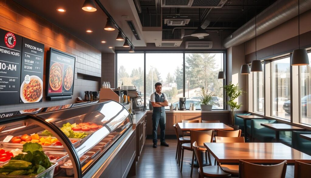 A cozy Chipotle restaurant interior during early morning hours, showcasing a clean and inviting atmosphere. In the foreground, a well-organized counter with fresh ingredients displayed in clear containers, illuminated by soft, warm lighting. On one side, a digital menu board shows typical operating hours, highlighting opening times such as 10 AM, against a backdrop of vibrant, appetizing food images. In the middle, a barista in professional attire prepares drinks, emphasizing a welcoming vibe. The background features stylish wooden tables and comfortable seating, with natural light filtering through large windows, creating a friendly ambiance. The overall mood is cheerful and relaxed, capturing the essence of a place ready to serve customers.