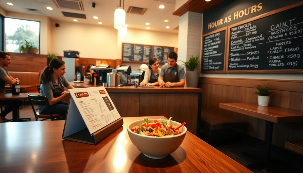 A cozy Chipotle restaurant interior during standard business hours. In the foreground, a polished wooden table with a neatly arranged menu and a vibrant Chipotle bowl, showcasing fresh ingredients. In the middle, employees dressed in professional Chipotle uniforms engaging with customers at the counter, smiling and providing excellent service. Soft lighting illuminates the space, creating a welcoming atmosphere, highlighting the restaurant's warm colors of earthy browns and greens. The background features a chalkboard menu with daily specials and hour details prominently displayed, along with modern decor and potted plants. The scene captures a bustling yet relaxed mood, emphasizing friendly interactions and the vibrant ambiance of a Chipotle during opening hours.