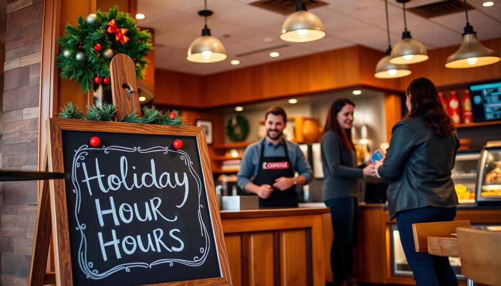 A cozy Chipotle restaurant setting, depicting a welcoming interior with warm wooden tones and vibrant decor. In the foreground, a chalkboard easel prominently displays "Holiday Hours" in attractive, hand-written style, surrounded by colorful festive decorations. The middle scene features a friendly staff member wearing a Chipotle uniform, engaging with a customer, showcasing a sense of community. The background includes a well-lit ambiance with hanging pendant lights and glimpses of delicious food items on the counter. The atmosphere conveys a cheerful, festive mood, ideal for a holiday celebration while maintaining a professional appearance. Use soft, warm lighting to create an inviting and happy environment. The angle should be from slightly above eye level, capturing both the interaction and the cozy restaurant vibe.