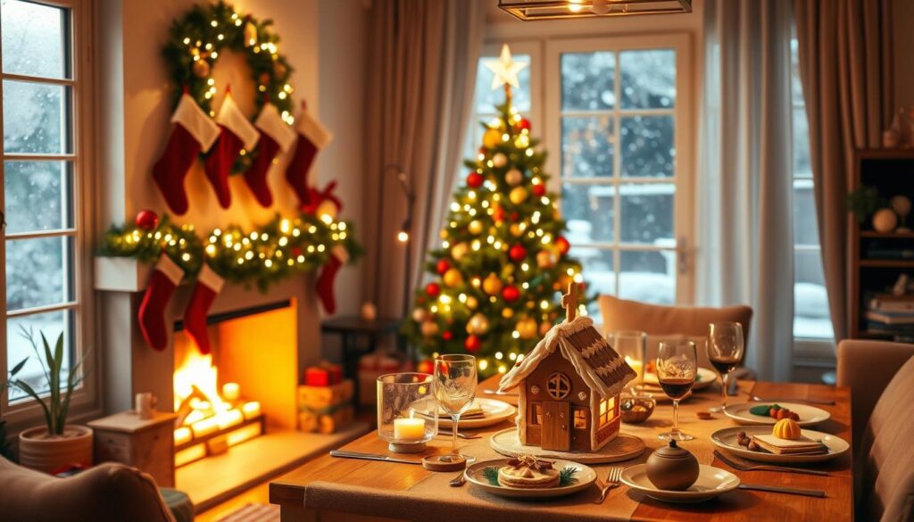 A cozy Christmas Eve scene featuring a beautifully decorated living room. In the foreground, a warm, crackling fireplace with stockings hanging above it and a small Christmas tree adorned with twinkling lights and colorful ornaments. In the middle ground, a festive table set for a family feast, complete with holiday dishes, drinks, and a gingerbread house centerpiece. The background showcases frosted windows with gentle snowfall outside, adding a magical touch. Soft, golden lighting fills the room, creating an inviting and festive atmosphere. The angle is slightly elevated to capture the entire cozy setting, evoking feelings of warmth, togetherness, and holiday spirit.