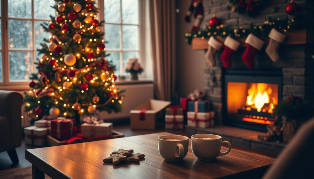 A cozy Christmas Eve scene set in a warmly lit living room. In the foreground, a beautifully decorated Christmas tree adorned with twinkling lights and colorful ornaments stands tall, casting a soft glow. Nearby, a crackling fireplace offers warmth, with stockings hung cheerfully above it. The middle ground features a wooden coffee table laid with festive treats like gingerbread cookies and a steaming cup of cocoa. In the background, snowflakes gently fall outside a frosted window, creating a serene winter atmosphere. The lighting is warm and inviting, highlighting the rich reds and greens of traditional Christmas decor. The overall mood is tranquil and festive, evoking a sense of joy and togetherness typical of Christmas Eve celebrations.