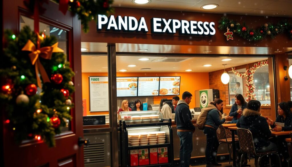 A cozy Panda Express restaurant adorned with festive Christmas decorations. In the foreground, a beautiful holiday wreath hangs on the door, and colorful lights twinkle softly around the entryway. In the middle, a vibrant display of takeout containers and menu boards showcases popular dishes, hinting at the warmth within. Friendly, professional staff in festive attire serve happy customers enjoying their meals. In the background, a snowy scene outside with gentle snowfall and twinkling street lights creates a warm, inviting atmosphere. The lighting is warm and soft, creating an inviting mood, captured with a slight depth of field to enhance the focus on the restaurant. The angle is slightly elevated, providing a comprehensive view of the cheerful holiday spirit surrounding Panda Express on Christmas Eve.