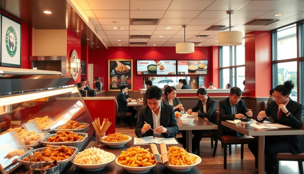 A cozy Panda Express restaurant during regular business hours, with a bright, welcoming atmosphere. In the foreground, there is a well-organized counter displaying freshly prepared dishes like orange chicken, fried rice, and spring rolls in vibrant colors. The middle ground features a few customers of diverse backgrounds, dressed in professional business attire, enjoying their meals at neatly arranged tables. The background showcases the restaurant's signature red and gold decor, with soft lighting creating a warm ambiance. The scene captures the essence of a busy lunch hour, with sunlight streaming in through large windows, reflecting off polished surfaces. The mood is lively and inviting, perfect for illustrating typical dining hours at Panda Express.