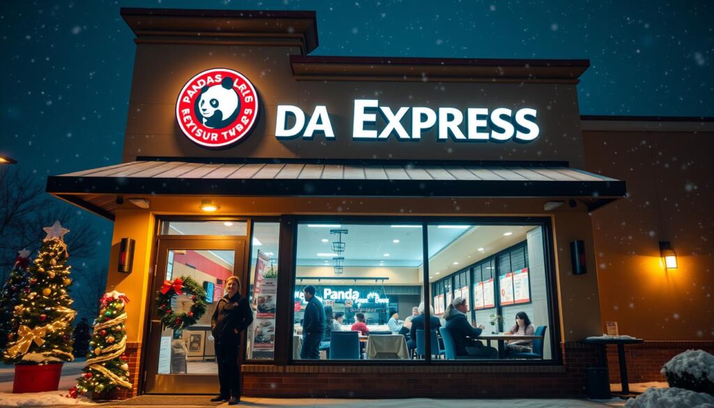 A cozy and inviting Panda Express restaurant exterior during a snowy Christmas Eve evening. In the foreground, a well-lit entrance with festive decorations including twinkling lights and a wreath on the door. Employees in smart casual attire stand cheerfully by the entrance, welcoming guests. In the middle ground, a large window showcases patrons enjoying meals inside, creating a warm glow. The background features softly falling snowflakes under a starry night sky, adding to the festive atmosphere. The scene is captured with a slight upward angle, emphasizing the restaurant's welcoming ambiance. The warm golden lighting contrasts with the cool blue tones of the snow, creating a harmonious holiday feel.