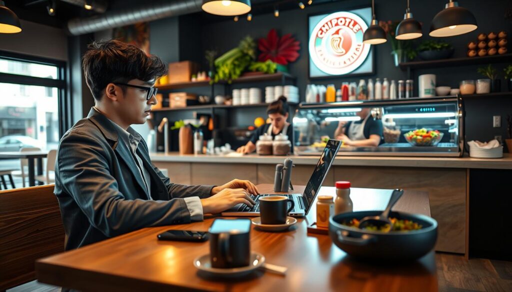 A cozy and modern cafe interior, with a focus on a customer sitting at a sleek wooden table, using a laptop to place an online order for a Chipotle bowl. In the foreground, the customer, a young adult in smart casual attire, appears engaged and focused, with a bright light from a nearby window illuminating their face. In the middle, the table is cluttered with a smartphone displaying the Chipotle app, along with a cup of coffee and some condiments. In the background, baristas can be seen preparing food and drinks, surrounded by fresh ingredients and vibrant decor, creating a warm and inviting atmosphere. The lighting is soft and inviting to convey a sense of comfort and efficiency in the online ordering process.